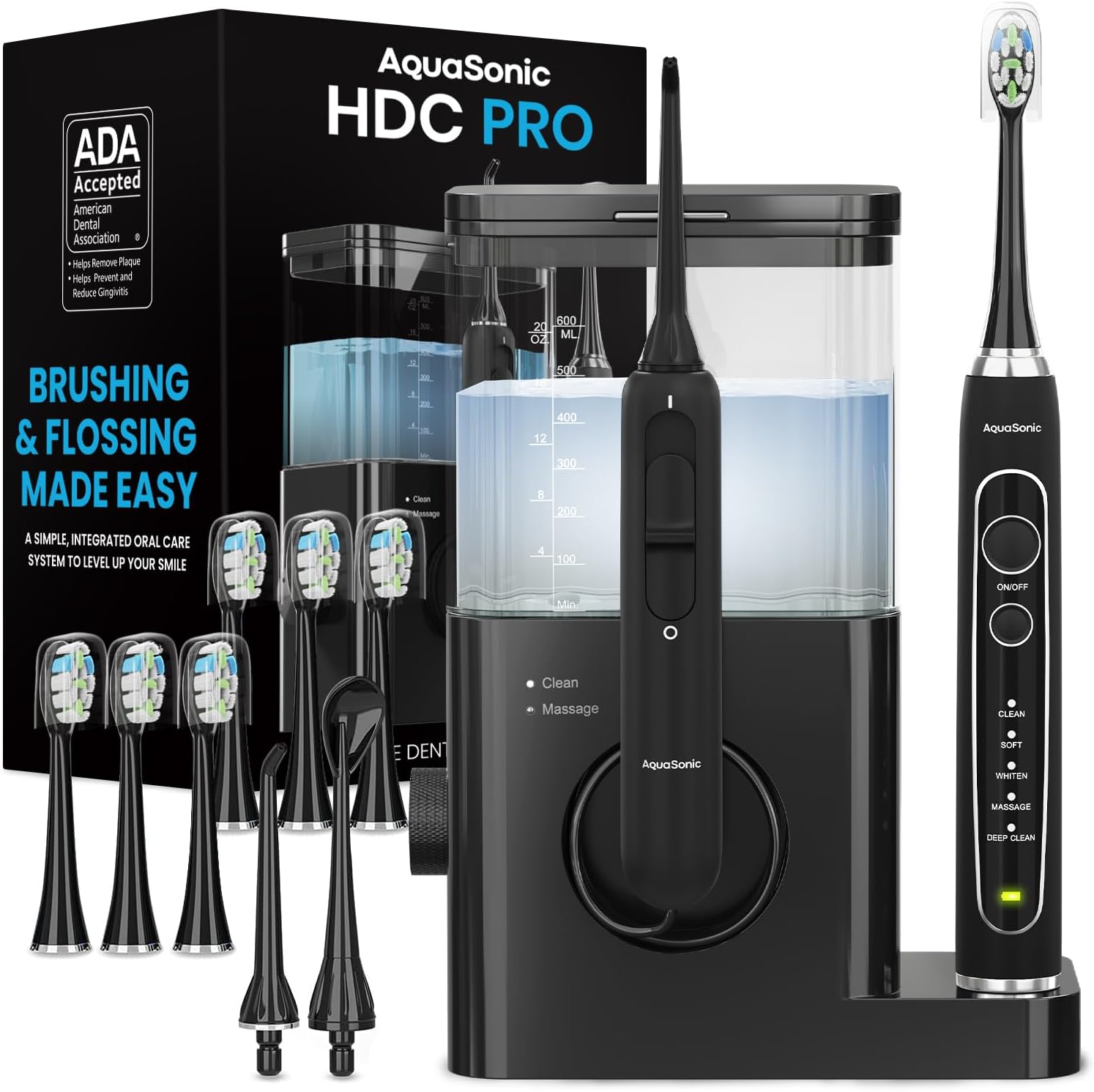 AquaSonic Home Dental Center PRO Ð Brushing & Flossing Made Easy Ð Brush & Floss Ð Power Toothbrush & Water Flosser Ð Whiter Teeth & Healthier Gums Ð Black Series Pro+Oral Irrigator Ð ADA Approved