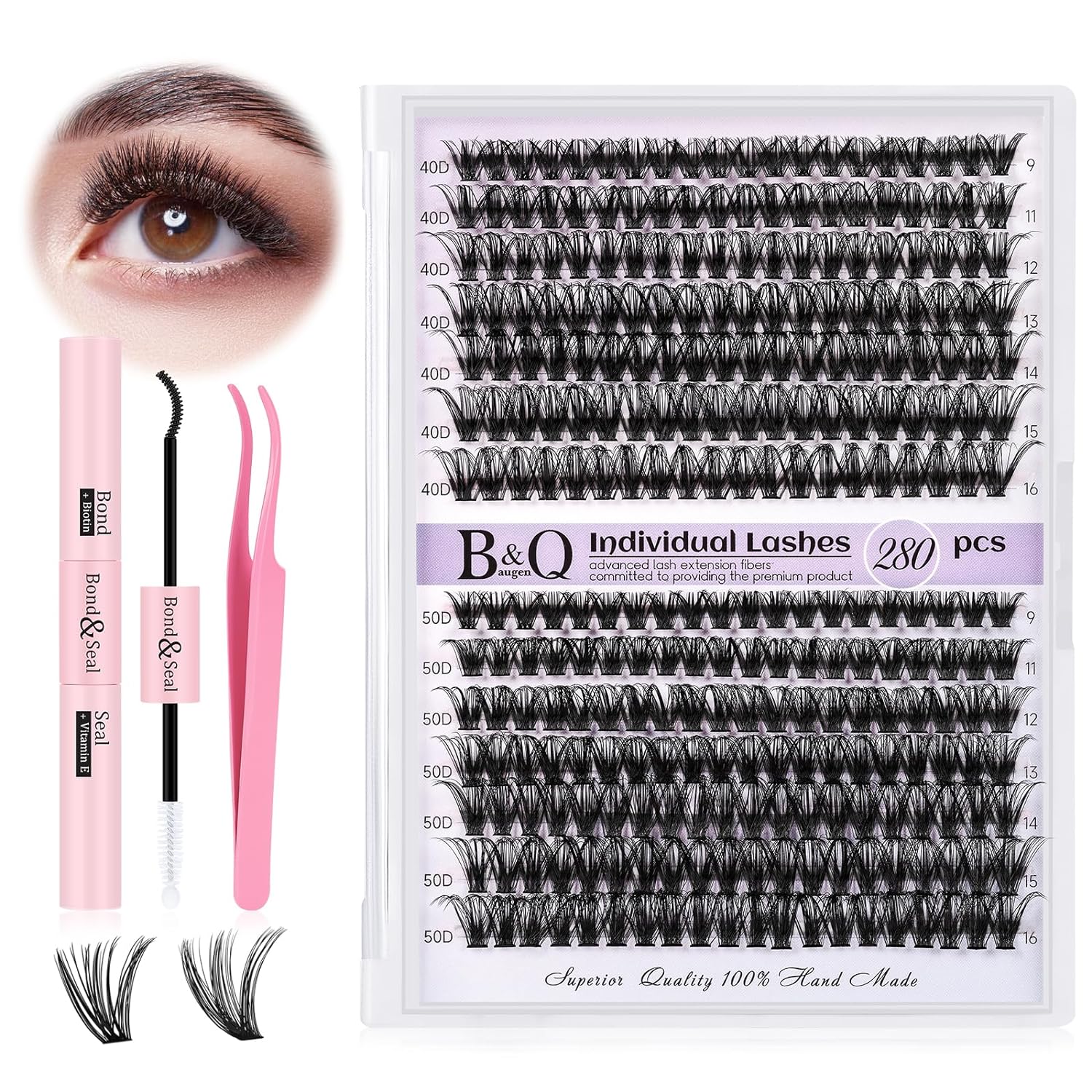 B&amp;Q Lash Extension Kit for Beginners 280pcs Eyelash Extension Kit 40D+50D 9-16 Mixed Lash Clusters Kit D Curl Lash Kit with Lash Bond and Seal Individual Lashes Kit DIY (KIT,40D+50D-D-9-16MIX)